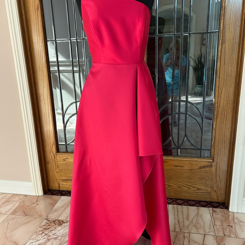 Dessy Alfred Sung D831 Satin Twill One Shoulder Gown Sz12 Vivid Pink Pockets